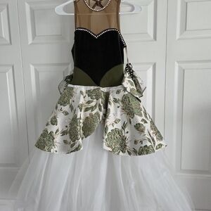 Girls Ballet Dress with attached Sleeves White Green Floral Tulle Skirt Costume
